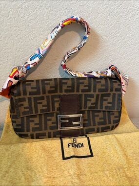 Fendi Monogram Canvas Shoulder Bag with Colorful Scarf Strap - Brown/Black